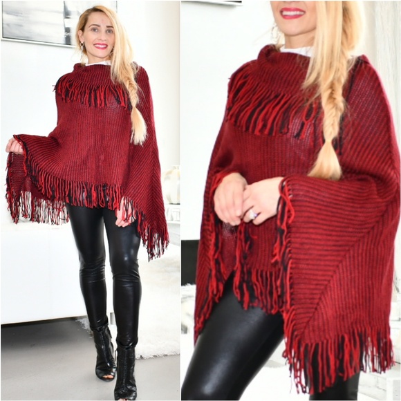 MODA ME COUTURE Sweaters - PONCHO BURGUNDYFRINGE DETAILED